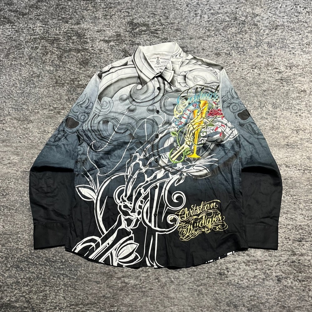 NWT Vintage Christian Audigier Longsleeve Button Up‎ Shirt Mens Large Grunge Y2K